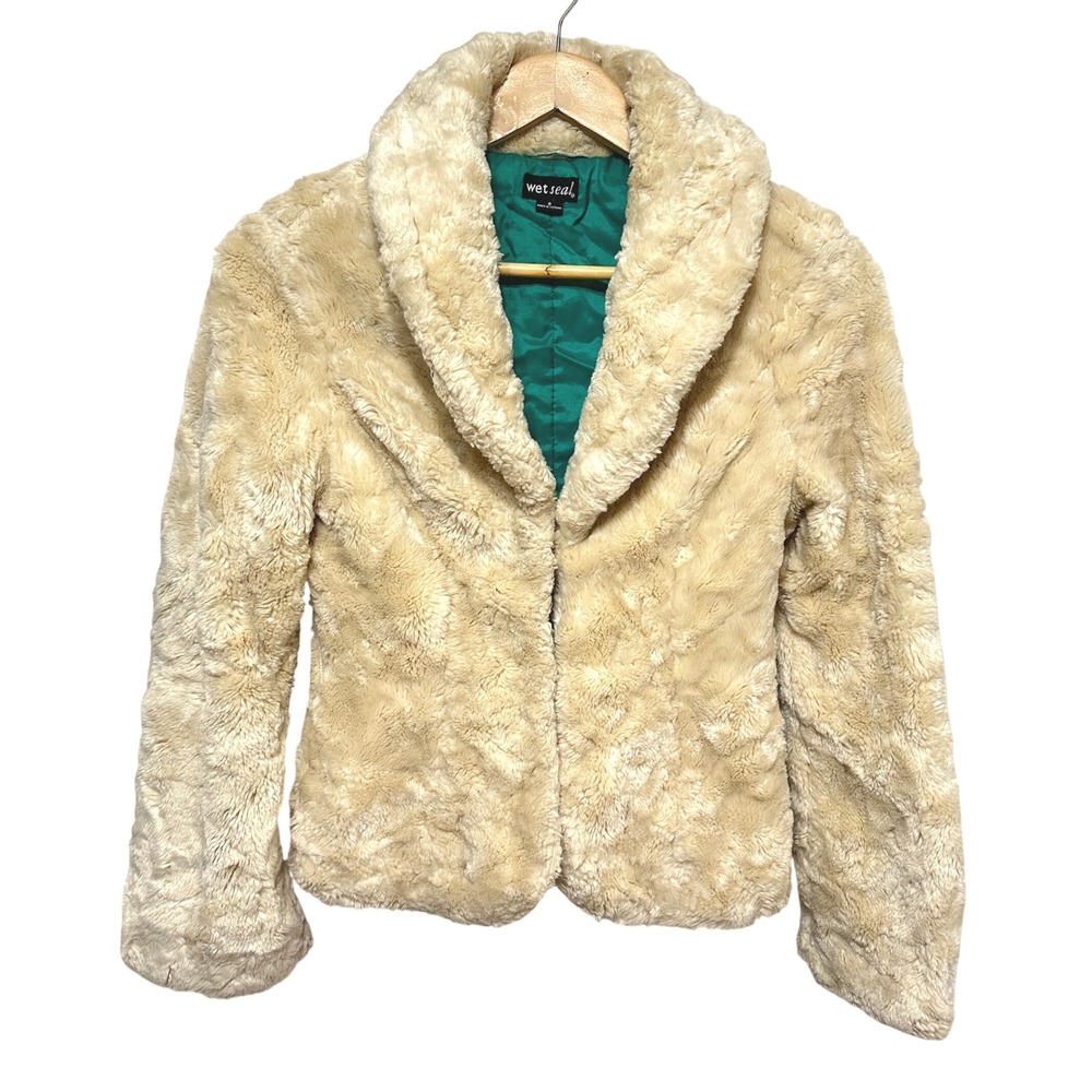 Vintage Y2K Wet Seal Faux Fur Crop Jacket Women Small Cream Plush Streetwear